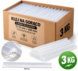 Klej na Gorąco Laski Zapas 11-12 mm x 250 mm Transparentne Wkłady do Pistoletu 3 kg