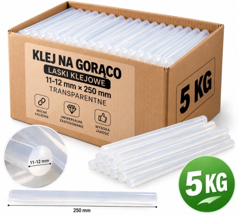 Klej na Gorąco Laski Zapas 11-12 mm x 250 mm Transparentne Wkłady do Pistoletu 5 kg