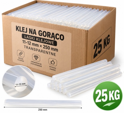 Klej na Gorąco Laski Zapas 11-12 mm x 250 mm Transparentne Wkłady do Pistoletu 25 kg